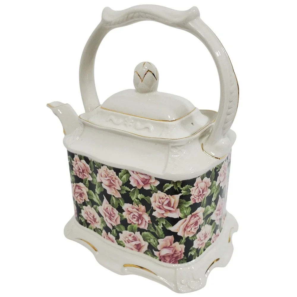 Crown Dorset Teapot Staffordshire England Pink Rose Black‎ Floral Gold Gilt Trim